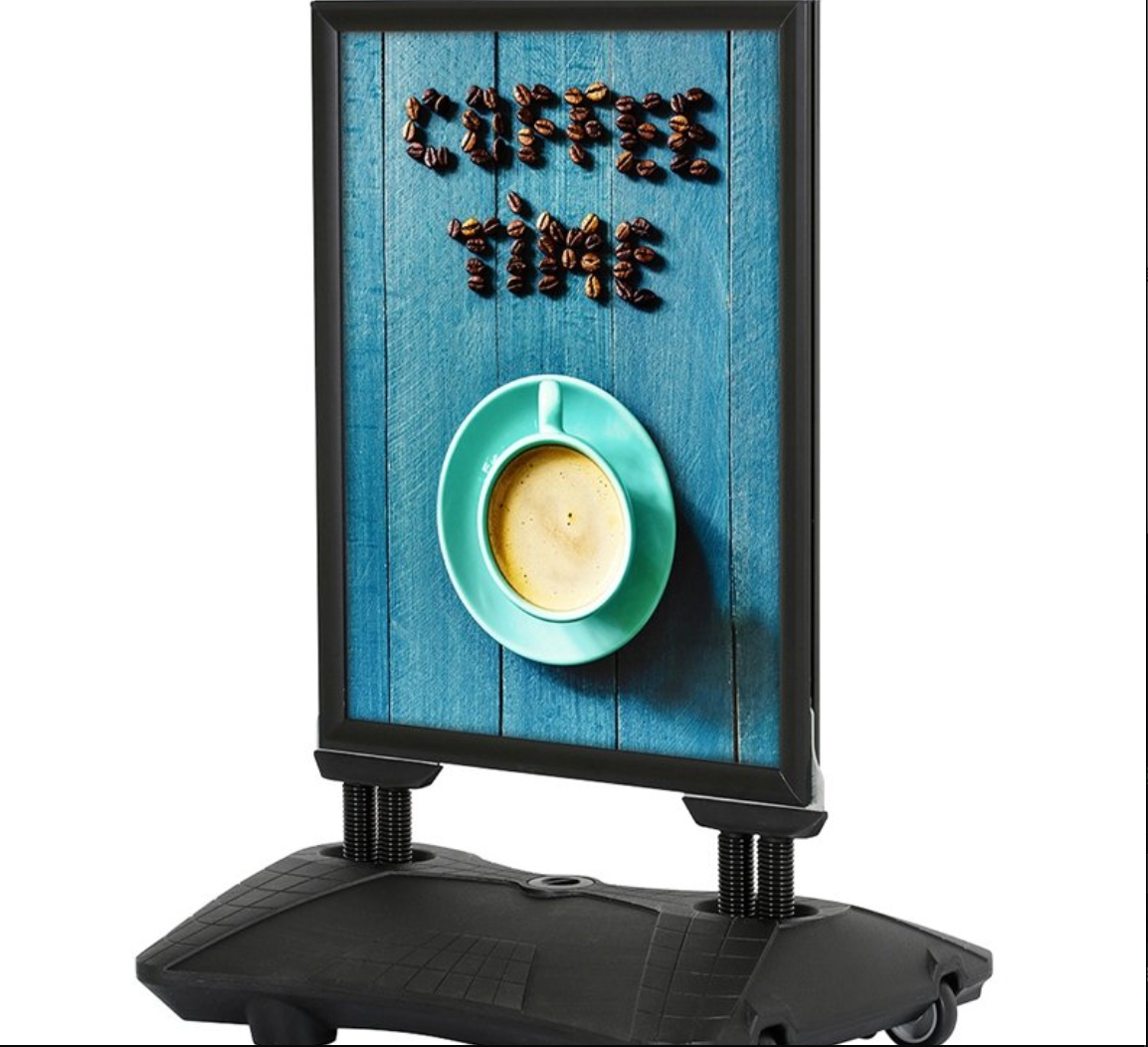 Wind-Sign Kundenstopper mit Wasserbasis – A1/A0 Format – Schwarz oder Silber | Wetterfest & Mobil